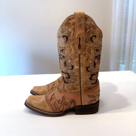 Corral Antique Saddle Metal Cross Square Toe‎ Metal Stud Boots C1167 Size 7 M - Picture 8 of 15
